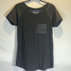 Crazy Train Women's L Black Tee Shiny Animal Print Sleeve Top‎ Large